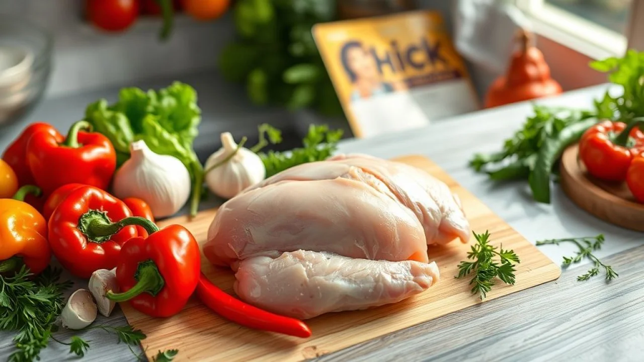 Peito de frango cru com ingredientes frescos em cozinha brasileira.