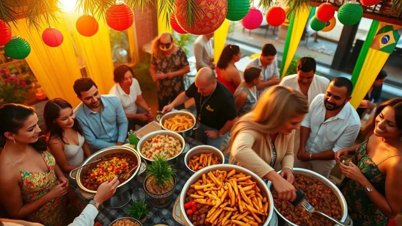 Festa brasileira vibrante com buffet de feijoada e convidados sorrindo. Organização de eventos no Brasil.