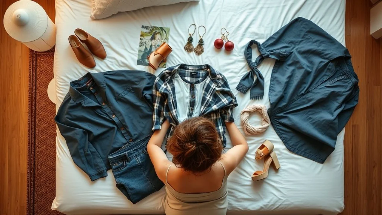 Mulher planejando look para exposição de arte, organizando roupas, sapatos e acessórios.