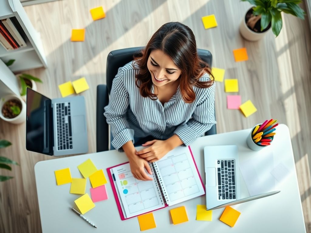Mulher sorrindo, sentada à mesa em um escritório em casa organizado, planejando com post-its coloridos e um planner.