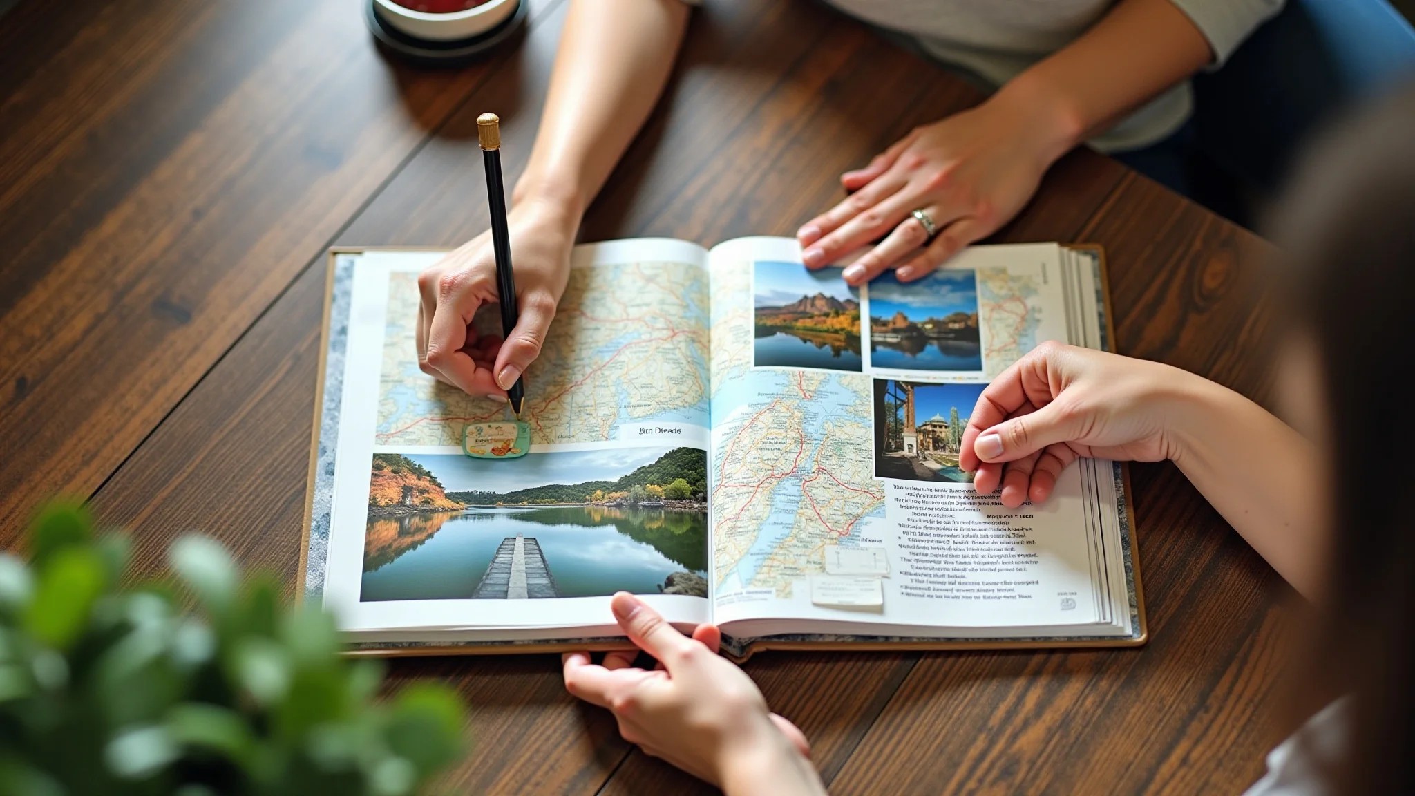 Mãos criando scrapbook de viagem com fotos, mapas e lembranças.