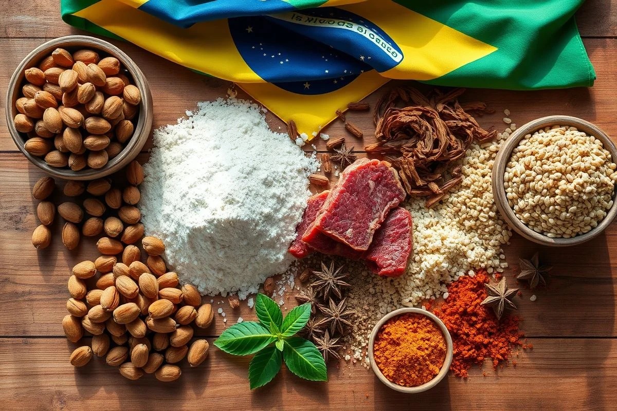 Ingredientes da paçoca de pinhão: pinhão, carne seca, farinha e temperos.