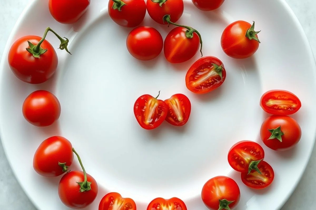 Corações de tomate cereja formados em um prato branco.