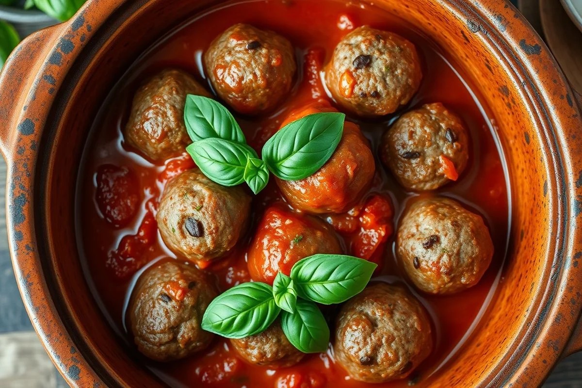 Almôndegas cozinhando em molho de tomate caseiro