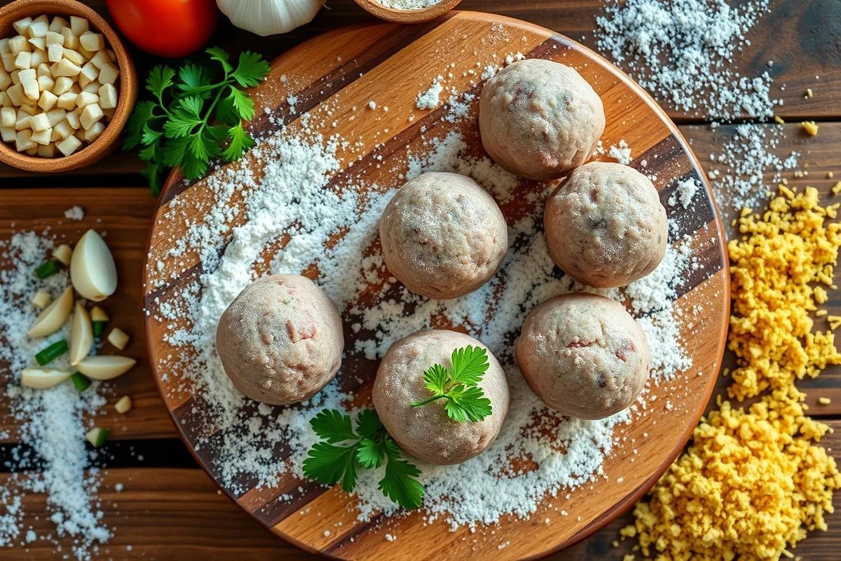 Almôndegas cruas em tábua com alho, salsinha e pão ralado