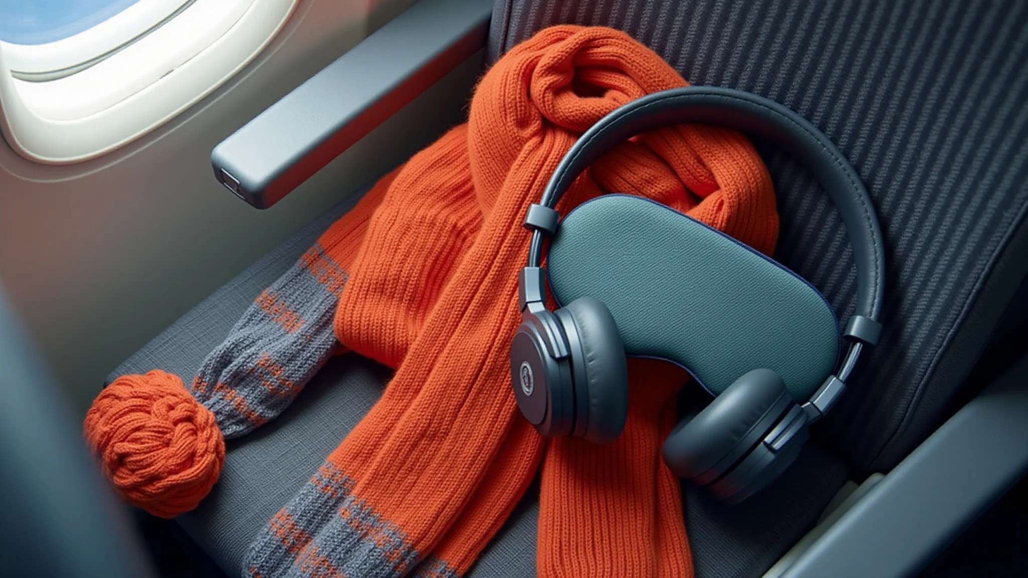 Essenciais para voo de inverno: meias quentes, máscara, passaporte, fones.