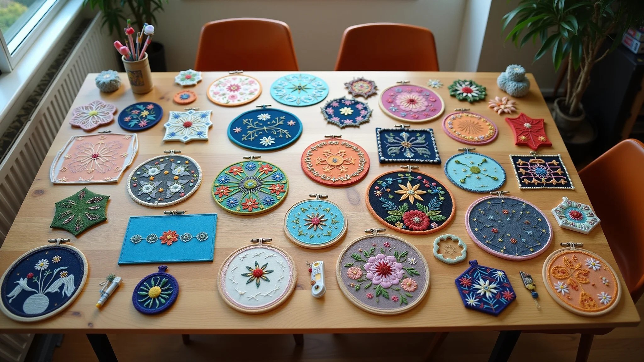 Diversos patches e bordados coloridos dispostos em uma mesa de madeira.