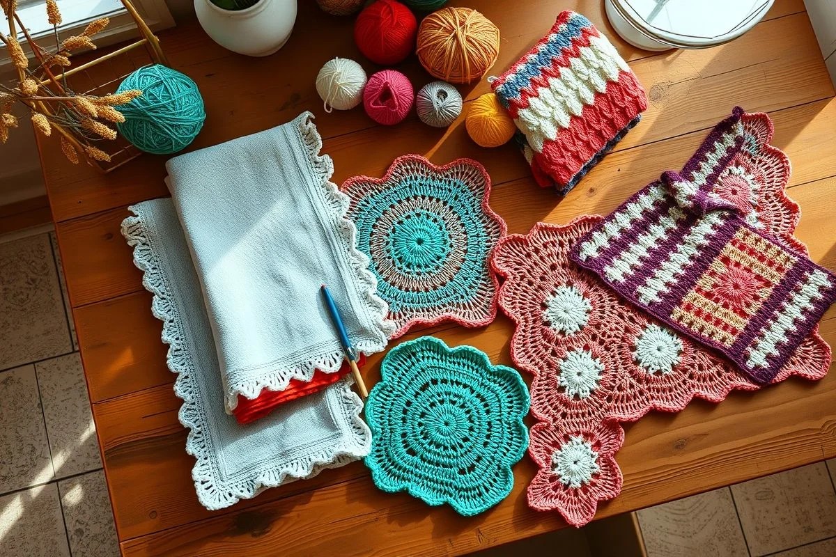 Diversos projetos de crochê com bicos de carreira única em mesa de madeira.