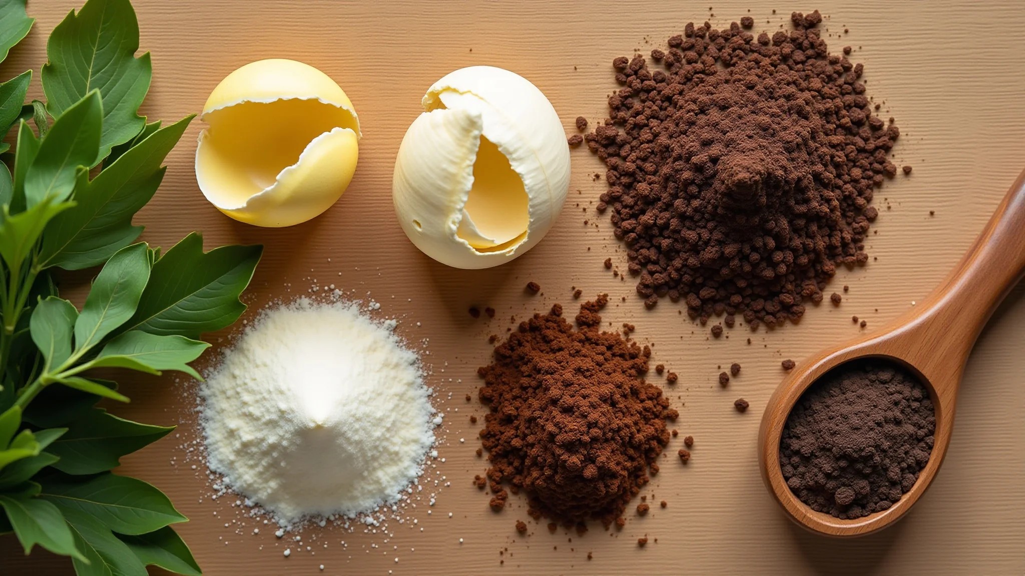 Visão superior de ingredientes para adubo orgânico: cascas de ovo, banana e borra de café.