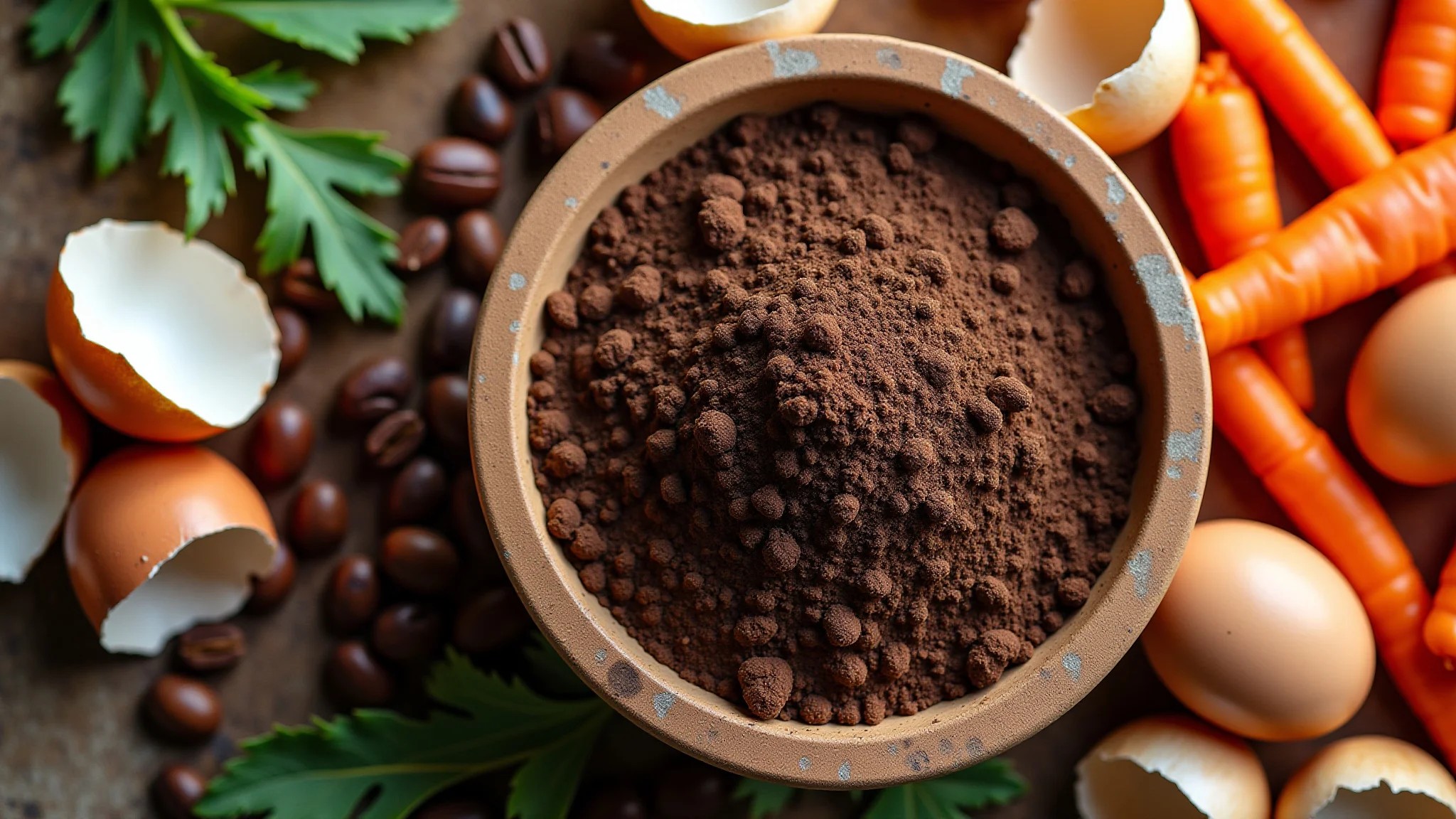 Foto aérea dos ingredientes para compostagem: borra de café, cascas de ovo.