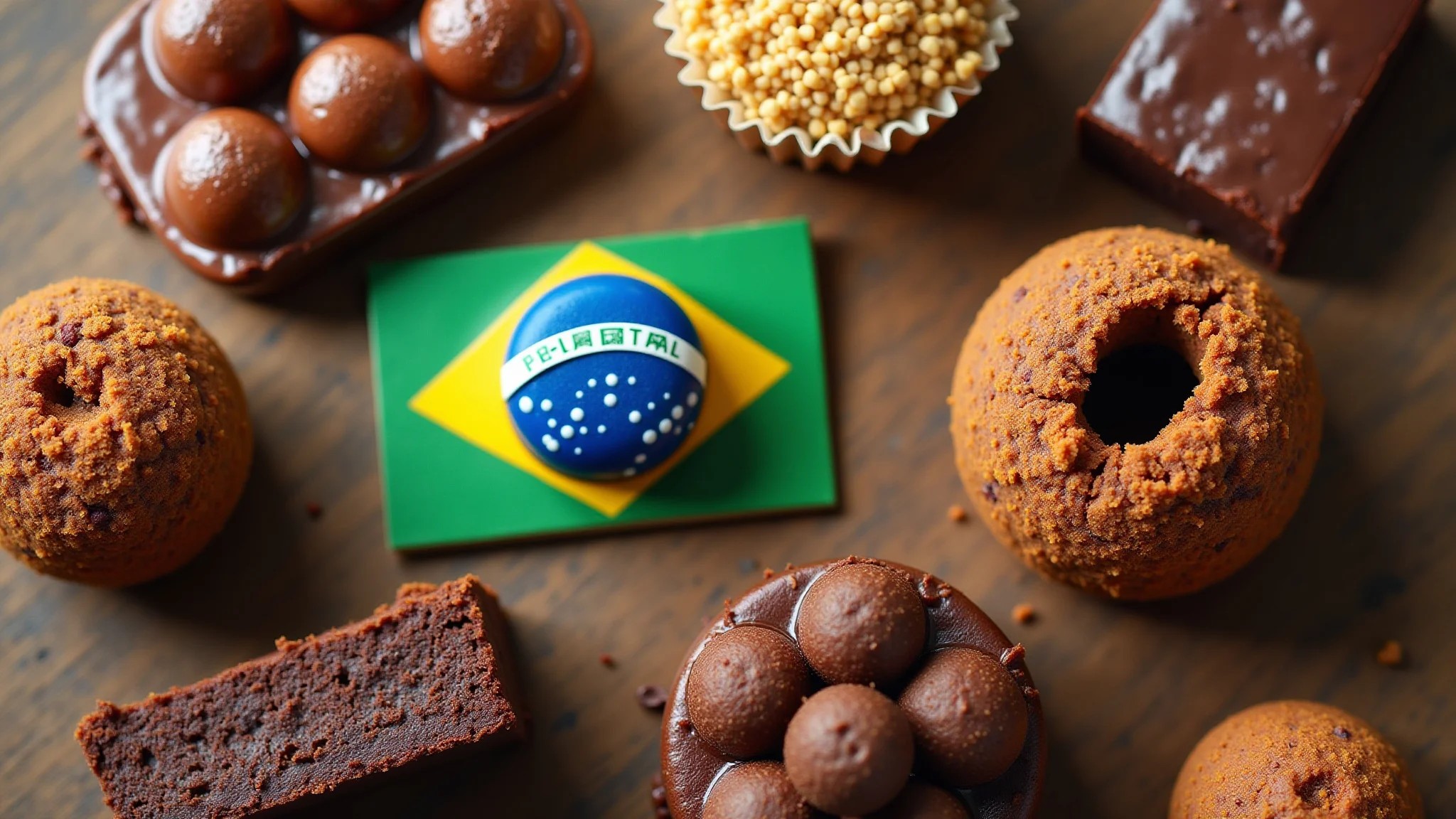 Variedade de doces brasileiros: brigadeiros, brownies, bolo de pote, pão de mel e trufas.