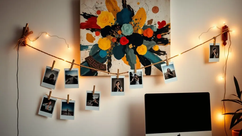 Painel de Fotos com Varal de Luzes: Memórias Iluminadas Painel de Fotos com Varal de Luzes: Memórias Iluminadas