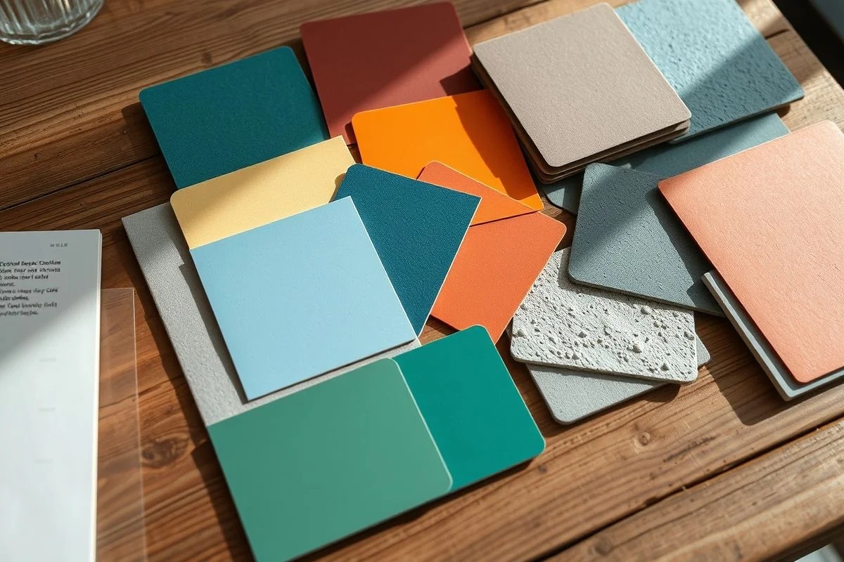 Paleta de cores e texturas de microcimento para personalização de ambientes.
