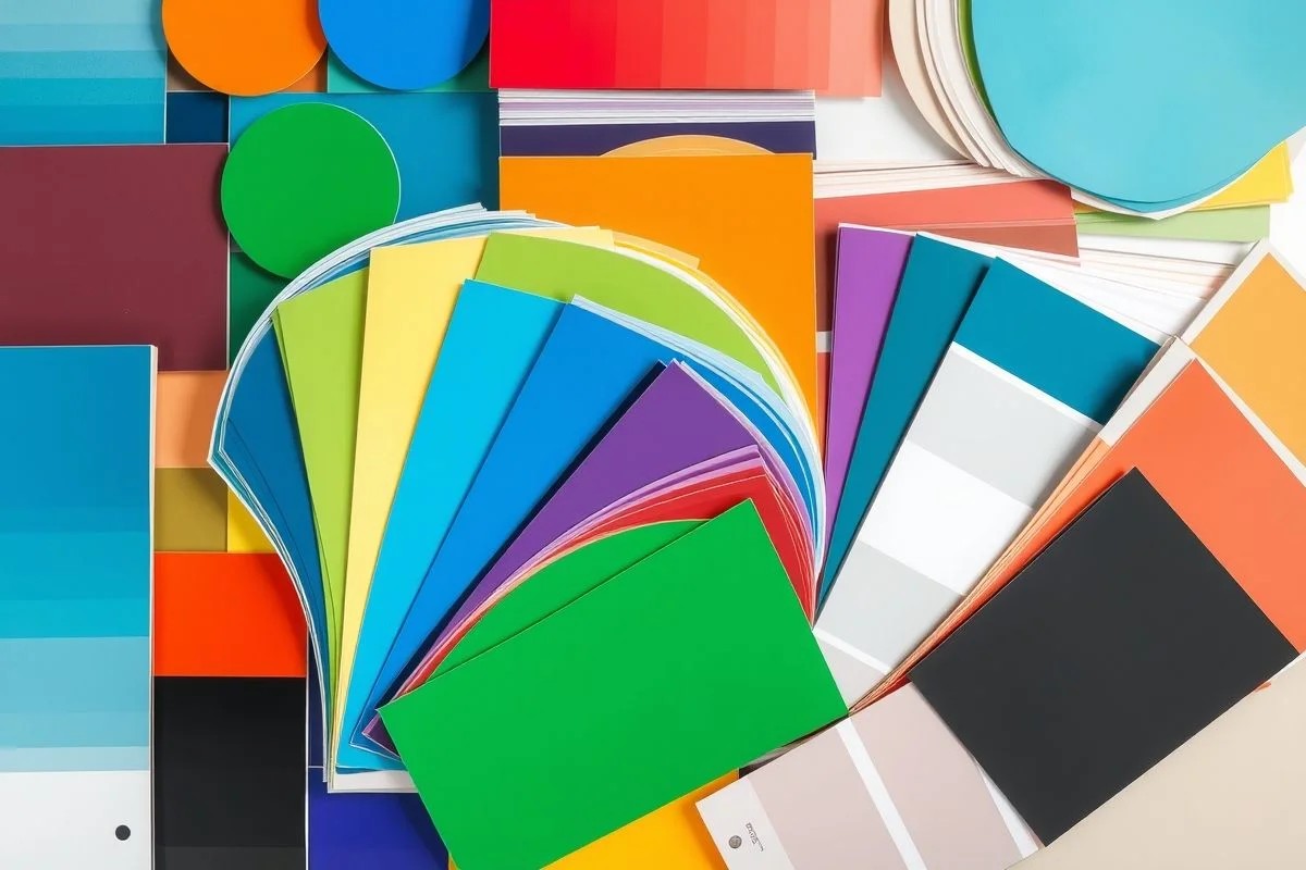 Paleta de cores com tons vibrantes: azul, verde, amarelo, laranja, vermelho, roxo, branco e preto