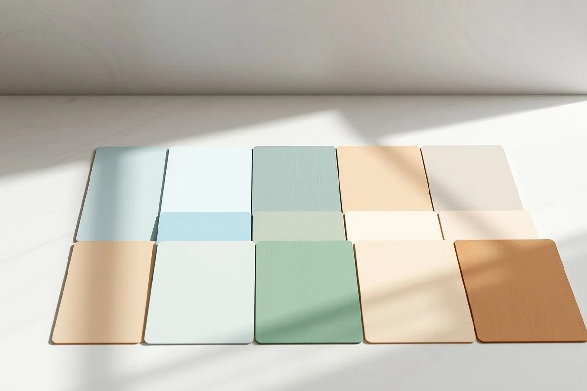 Paleta de cores para azulejos de banheiro: azul, verde e tons neutros.