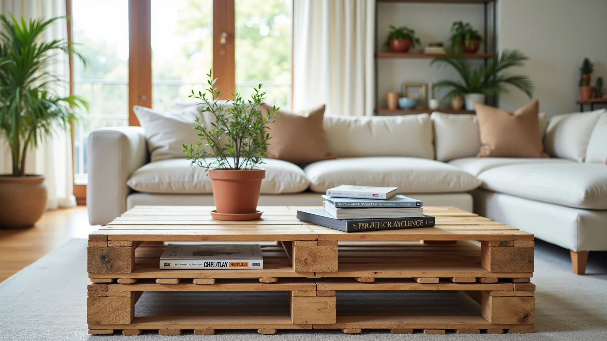 Mesa de centro de paletes em sala iluminada, livros e plantas.