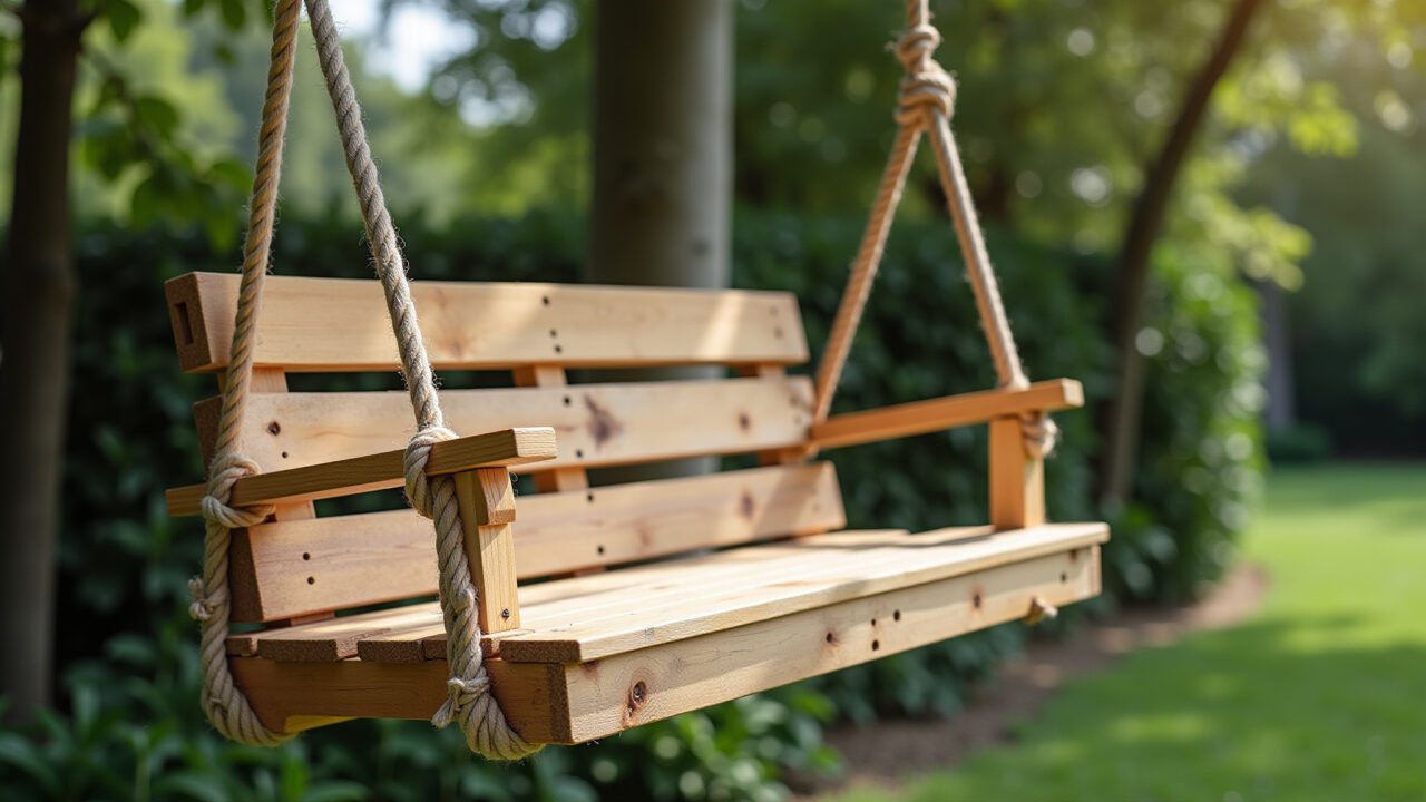 Balanço charmoso feito com pallet pendurado em uma árvore no jardim.