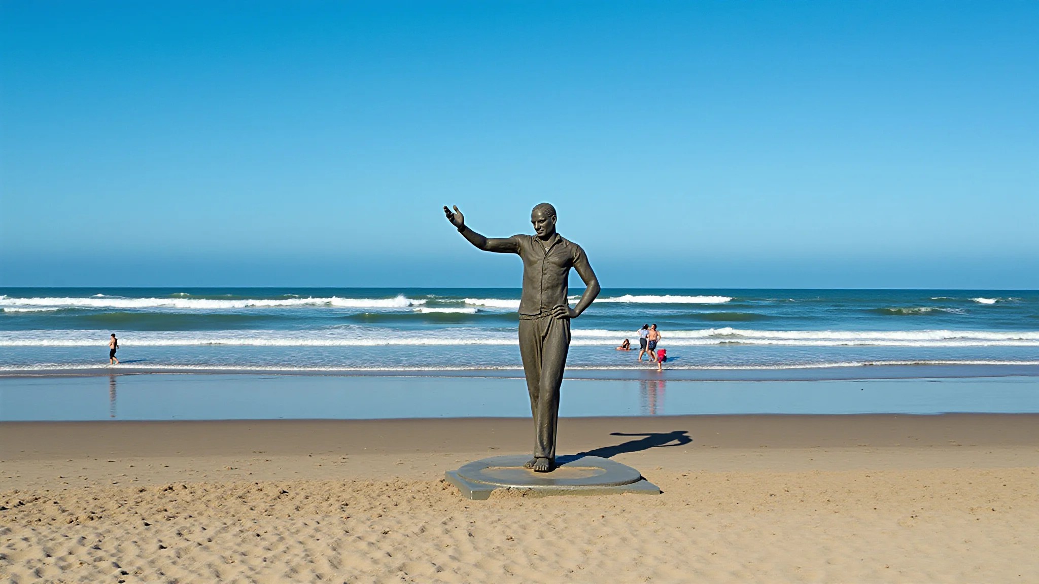 Vista panorâmica de Punta del Este, Uruguai, com a escultura La Mano na praia.