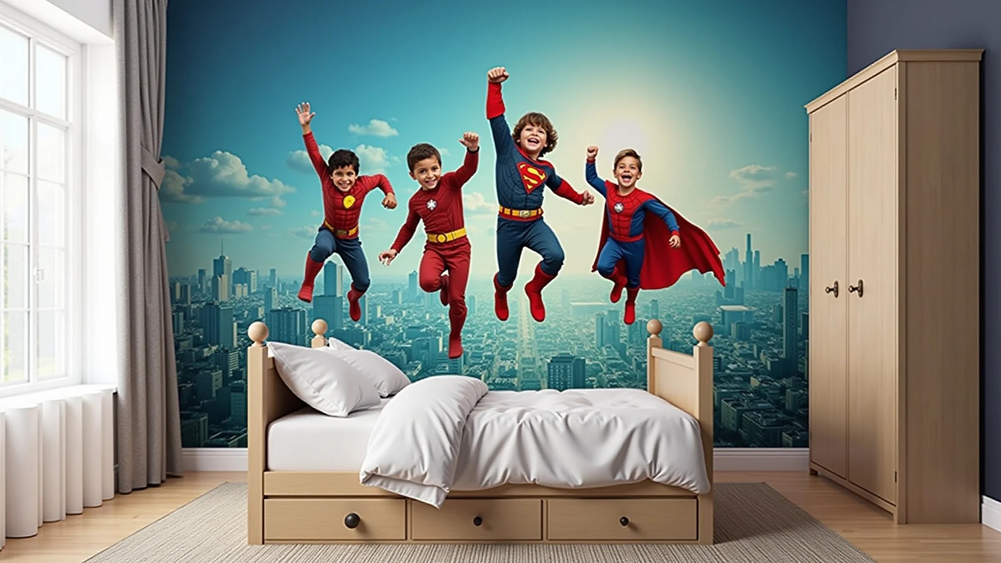 Crianças de diversas etnias brincando em quarto com papel de parede de super-heróis brasileiros.