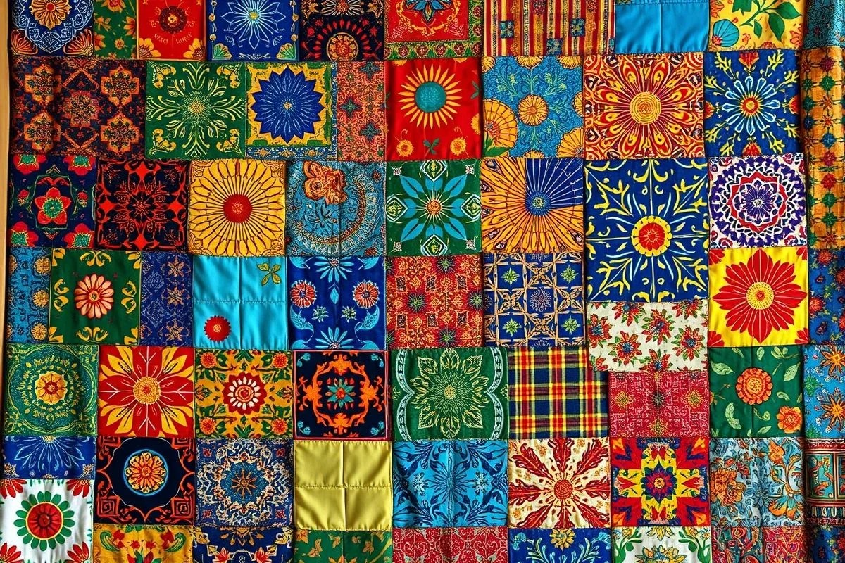 Colcha de patchwork vibrante feita com retalhos, artesanato brasileiro.