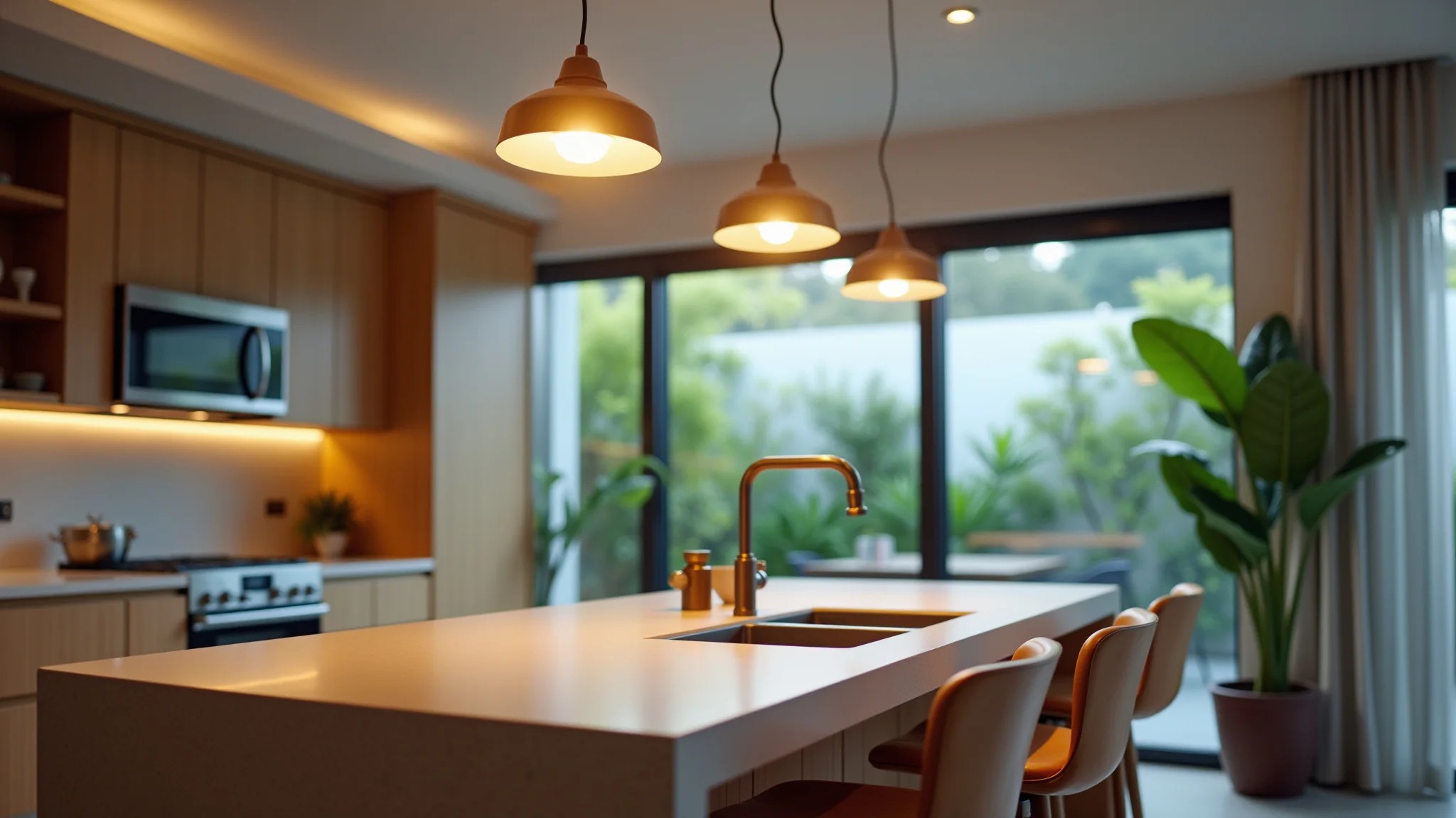 Luminárias pendentes de LED sobre ilha de cozinha, design moderno, casa brasileira.