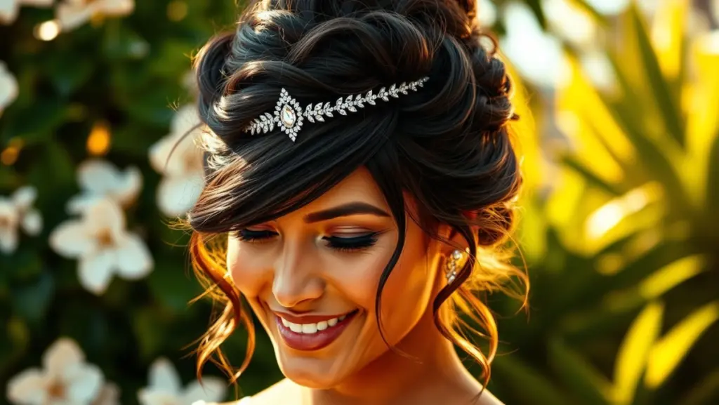 Penteado Meio Preso com Tiara de Cristais: Elegância para Casamentos