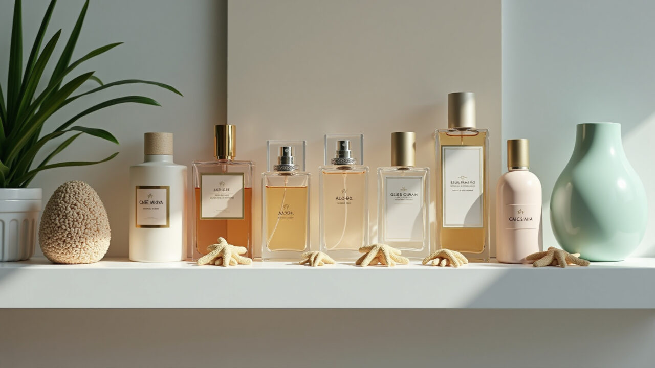 Frascos de perfume com decoração temática de praia em uma prateleira.
