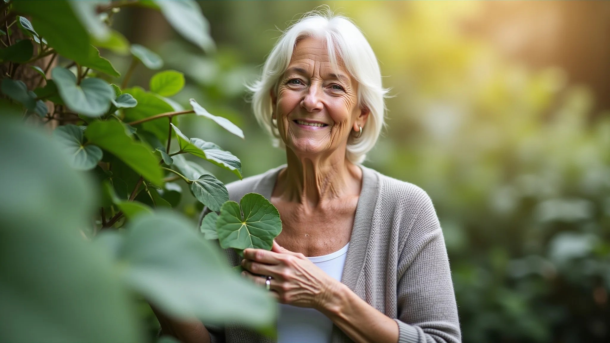 Mulher tocando suavemente uma planta aveludada em um jardim sensorial, promovendo relaxamento.