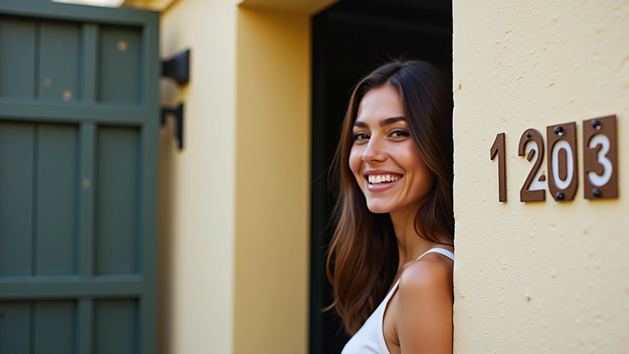 Pessoa sorrindo ao olhar o número de um apartamento, mostrando a numerologia em ação.