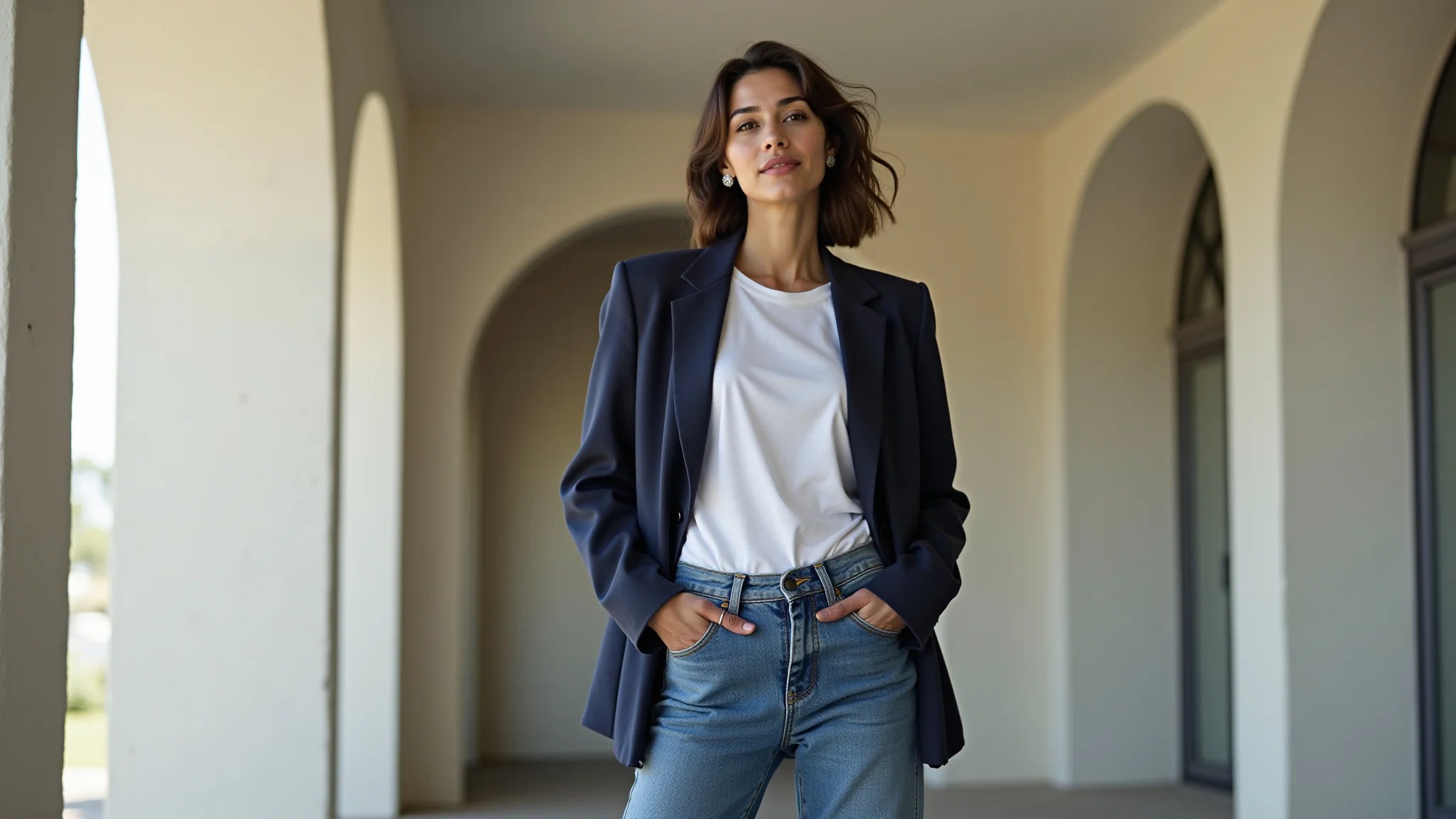 Modelo brasileiro usando jeans, camiseta branca e blazer.
