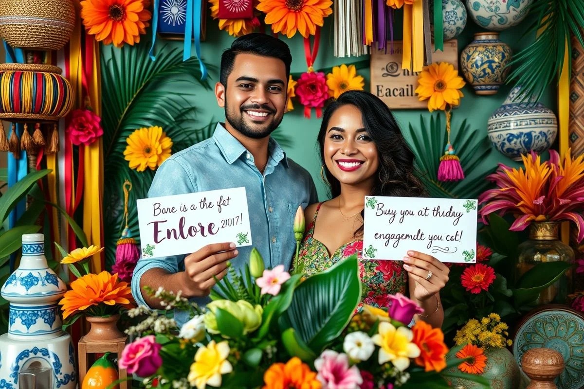 Detalhes personalizados em festa de noivado: fotos do casal e mensagens manuscritas.