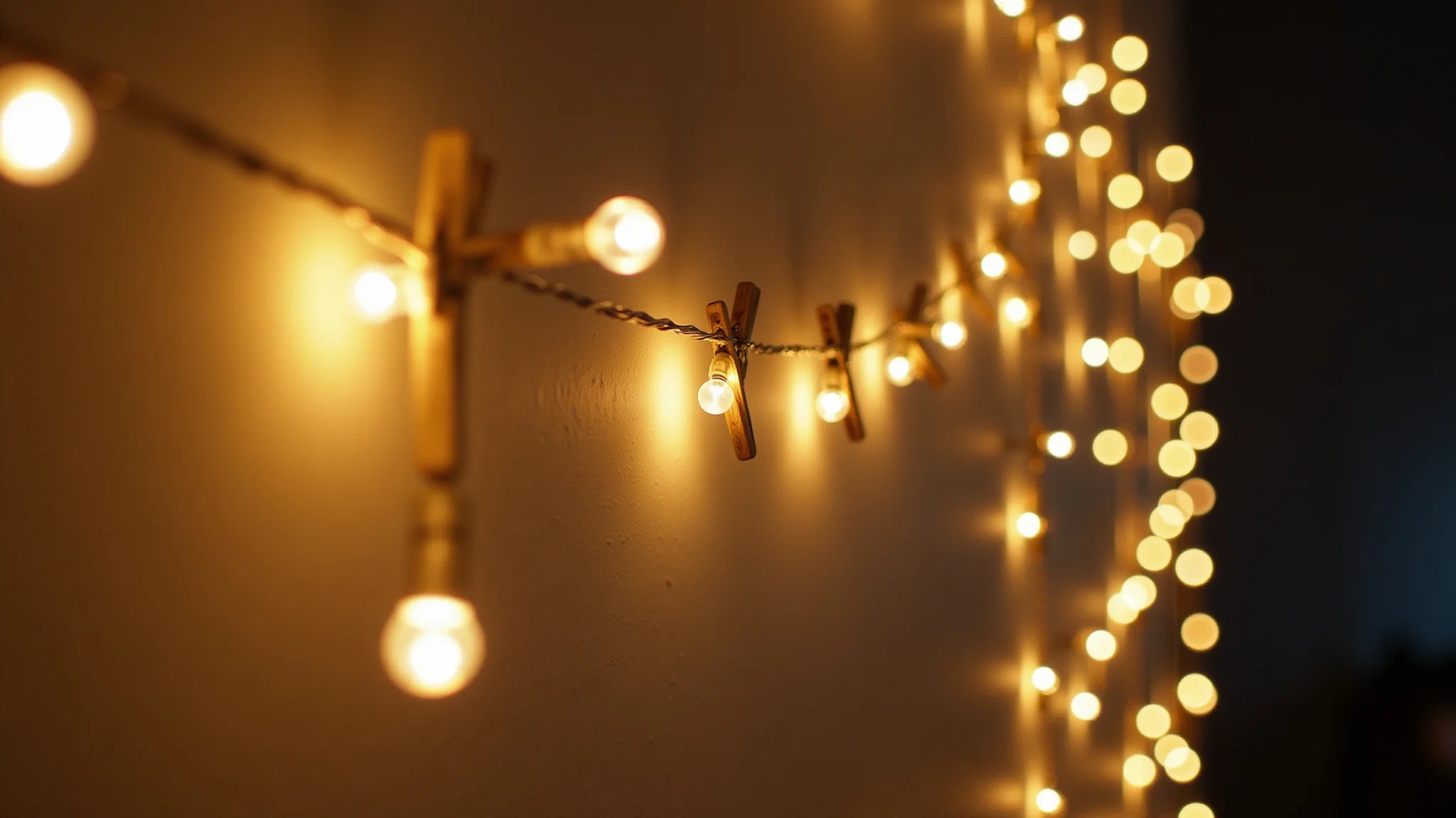 Mural de fotos iluminado com pisca pisca e mini prendedores.