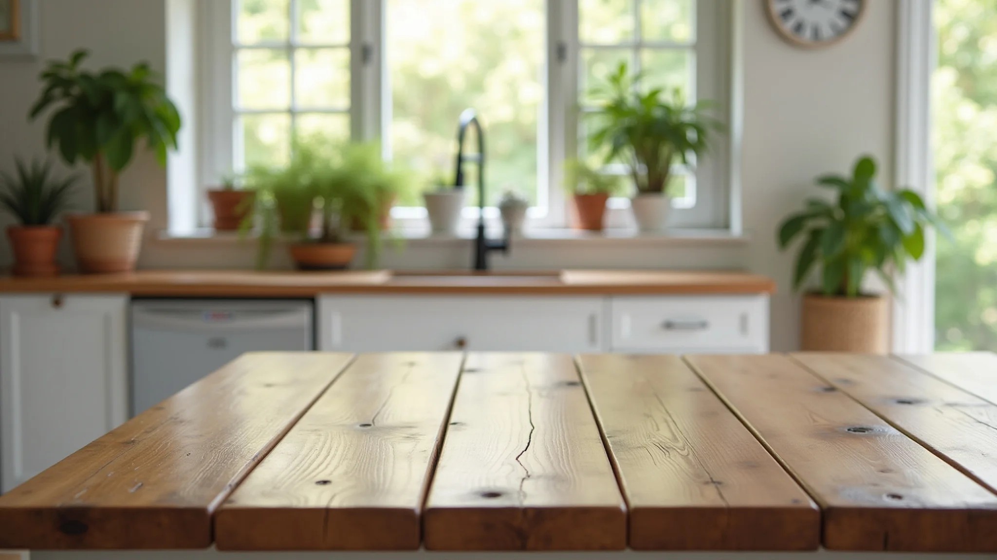 Bancada de madeira rústica em cozinha americana simples e iluminada, com plantas.