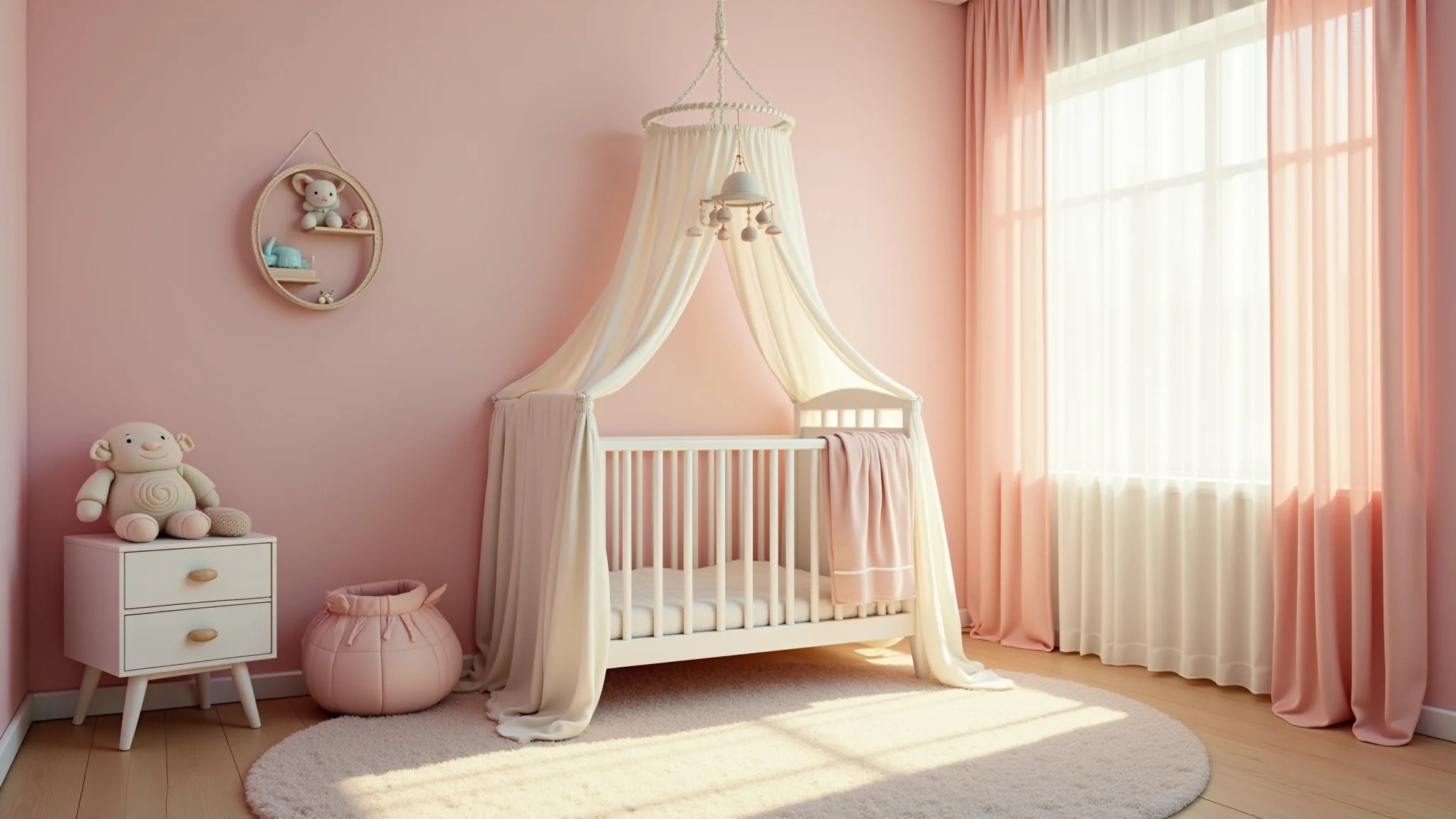 Quarto de bebê menina com cores pastel, berço com dossel e móbile.