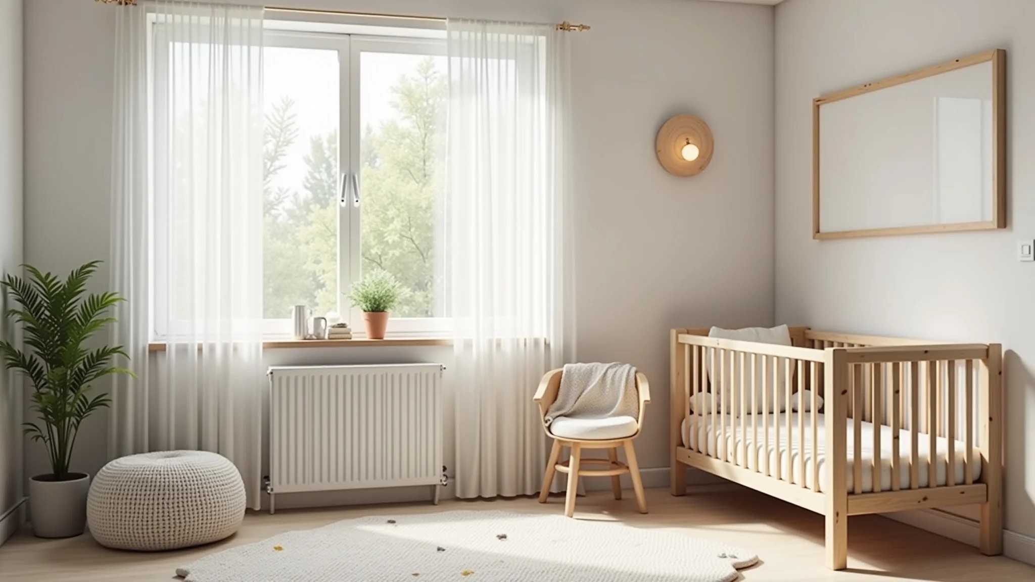 Quarto de bebê neutro com berço de madeira, tapete aconchegante e decoração minimalista.