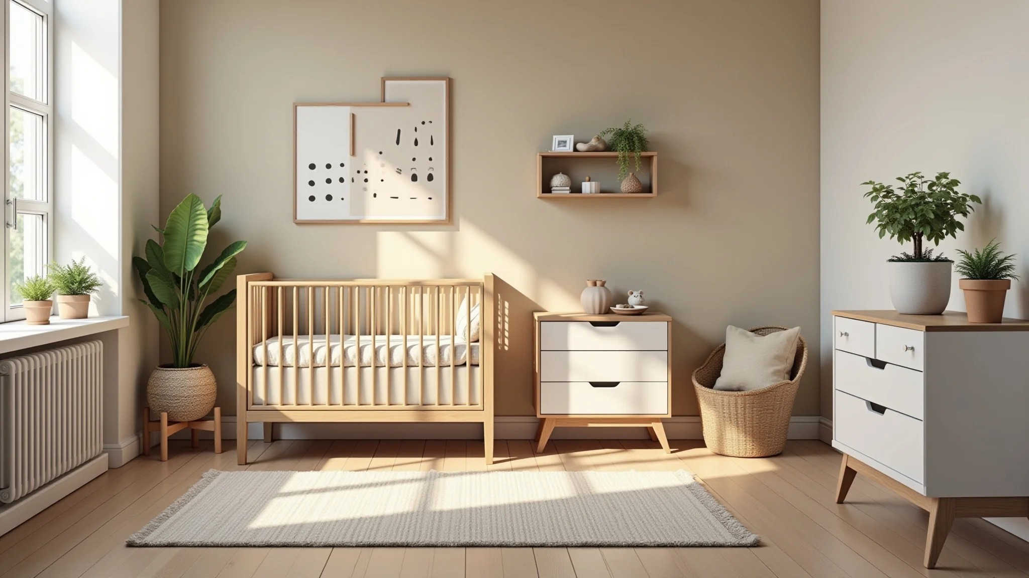 Quarto de bebê com tons terrosos e elementos naturais.