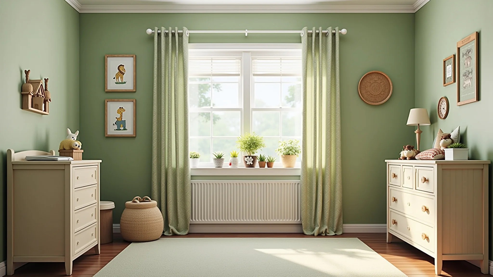 Quarto de bebê com tema safari, tons de verde e bege, estampas de animais.