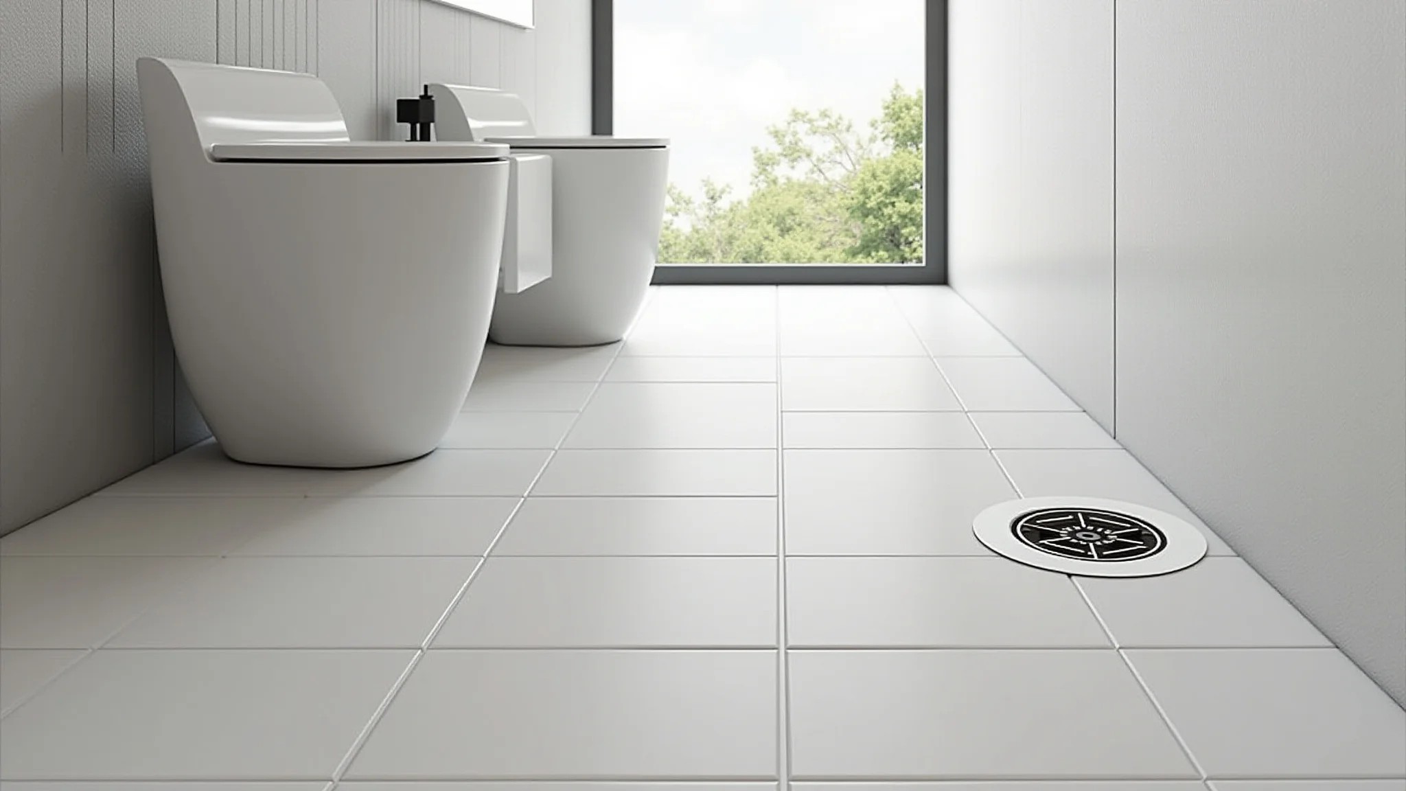 Banheiro moderno com ralo oculto integrado ao piso, design minimalista e iluminação clara.