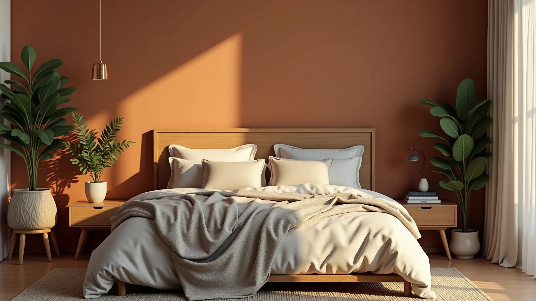 Quarto de casal com cores terrosas, cabeceira de madeira e roupa de cama de linho.