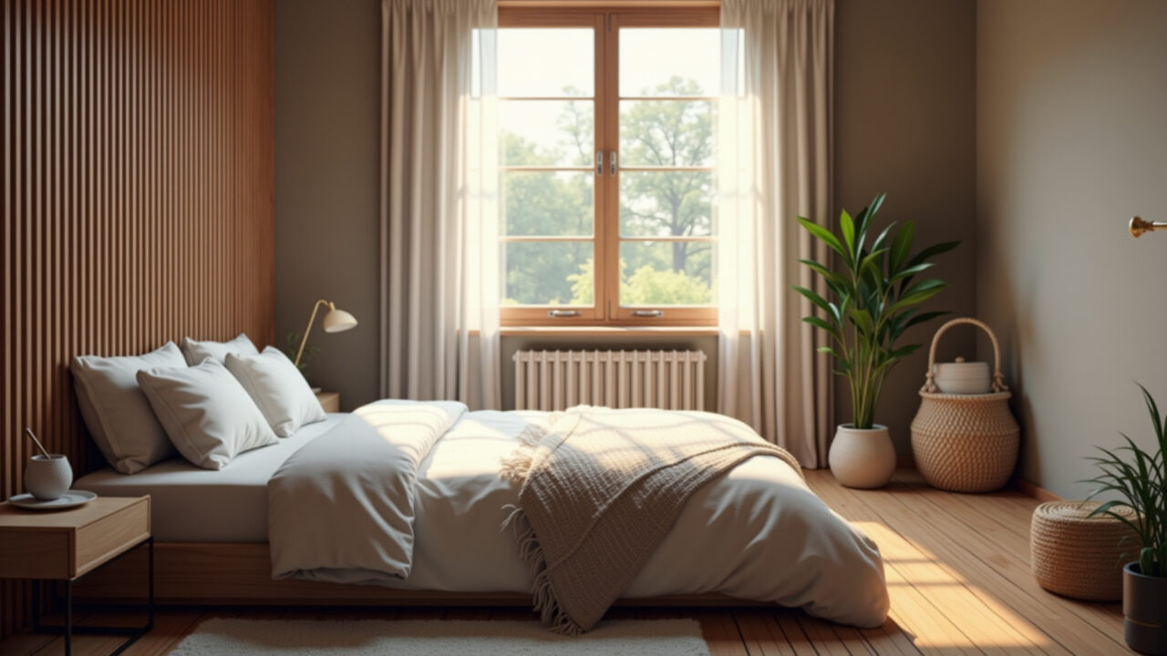 Quarto aconchegante com assoalho ripado de madeira.