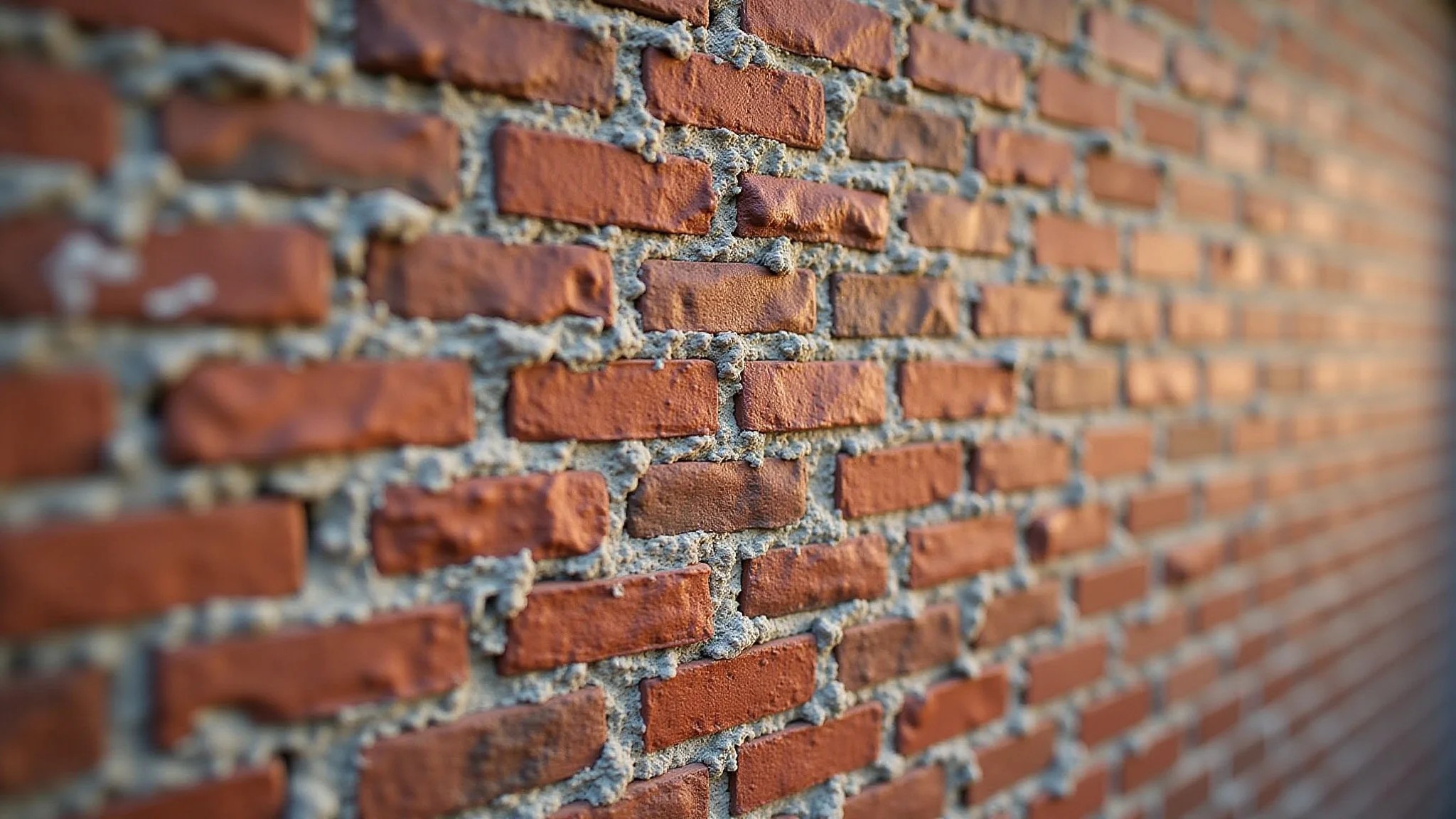 Detalhe fotorrealista de parede de tijolo aparente impecável, com tratamento e cores vibrantes.