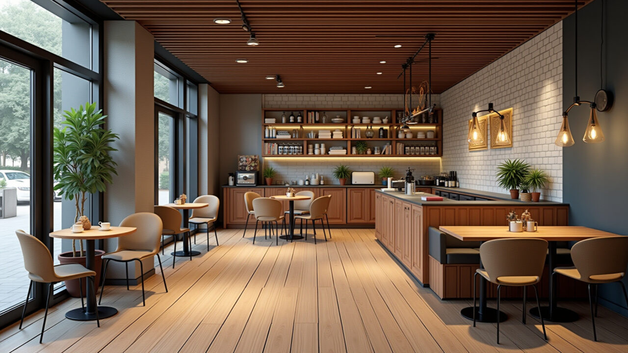 Espaço comercial com assoalho ripado e design sofisticado.