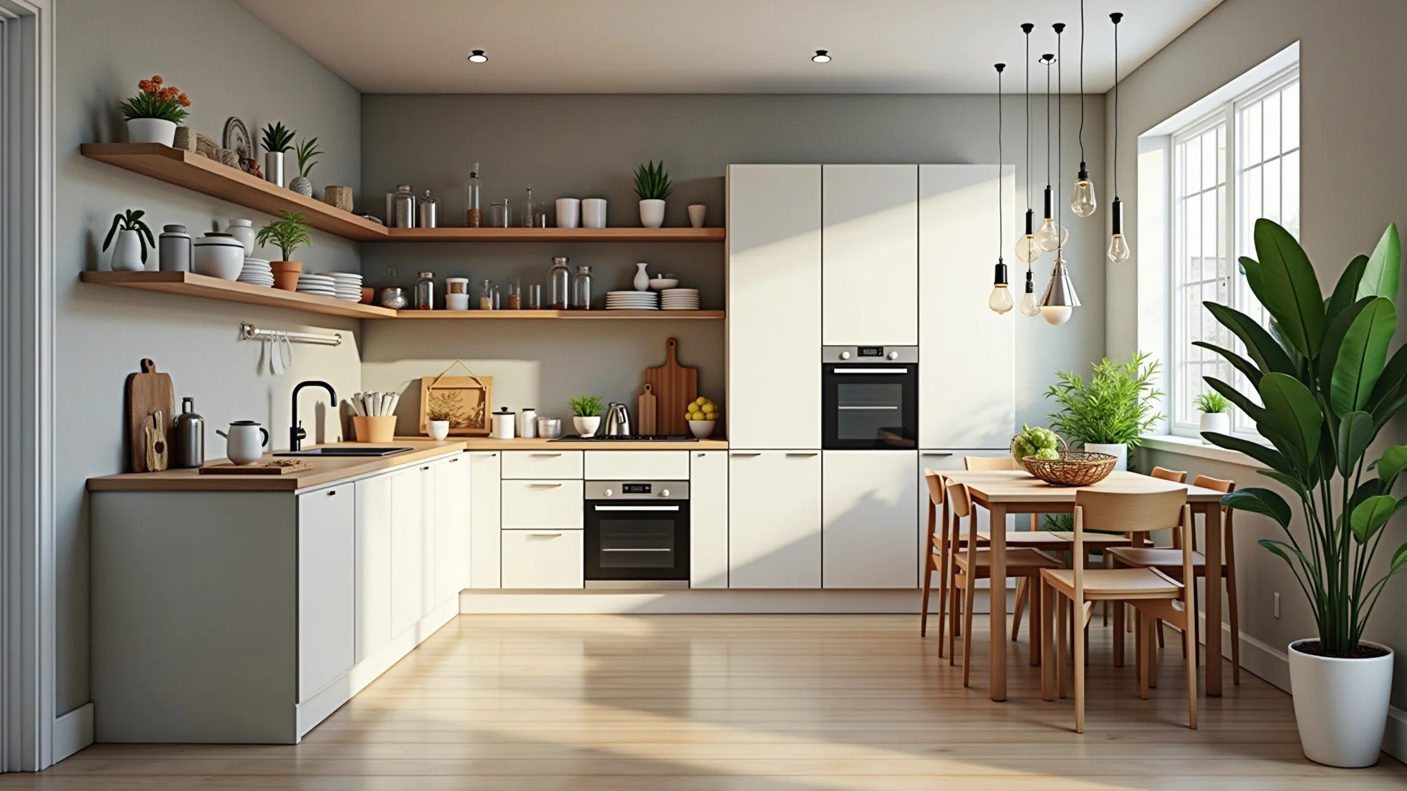 Cozinha planejada de canto com design eficiente, iluminação vibrante e decoração brasileira.