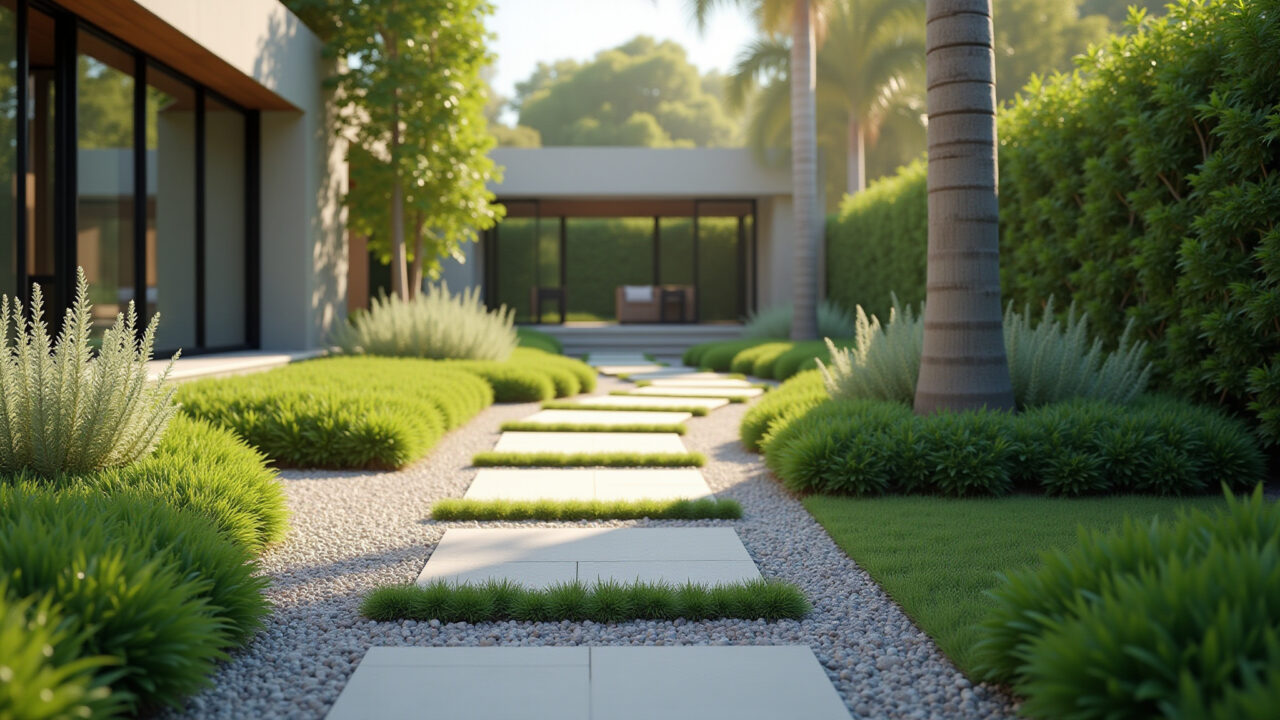 Caminho de jardim com cascalho e design moderno.