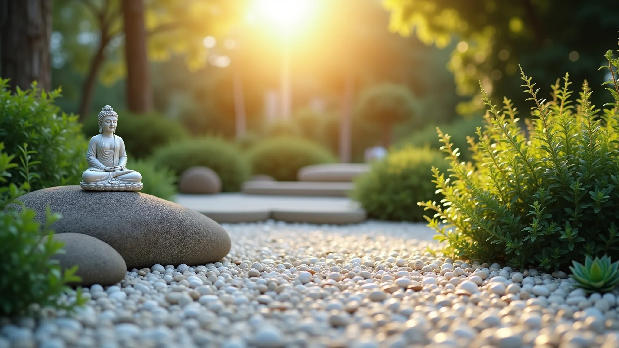 Jardim de pedras minimalista com seixos brancos, suculentas e estátua de Buda.
