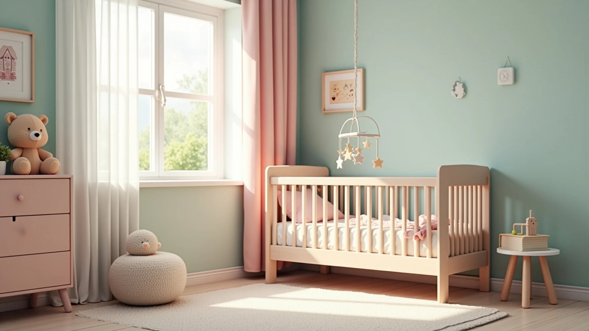Quarto de bebê com cores pastel suaves e berço aconchegante.