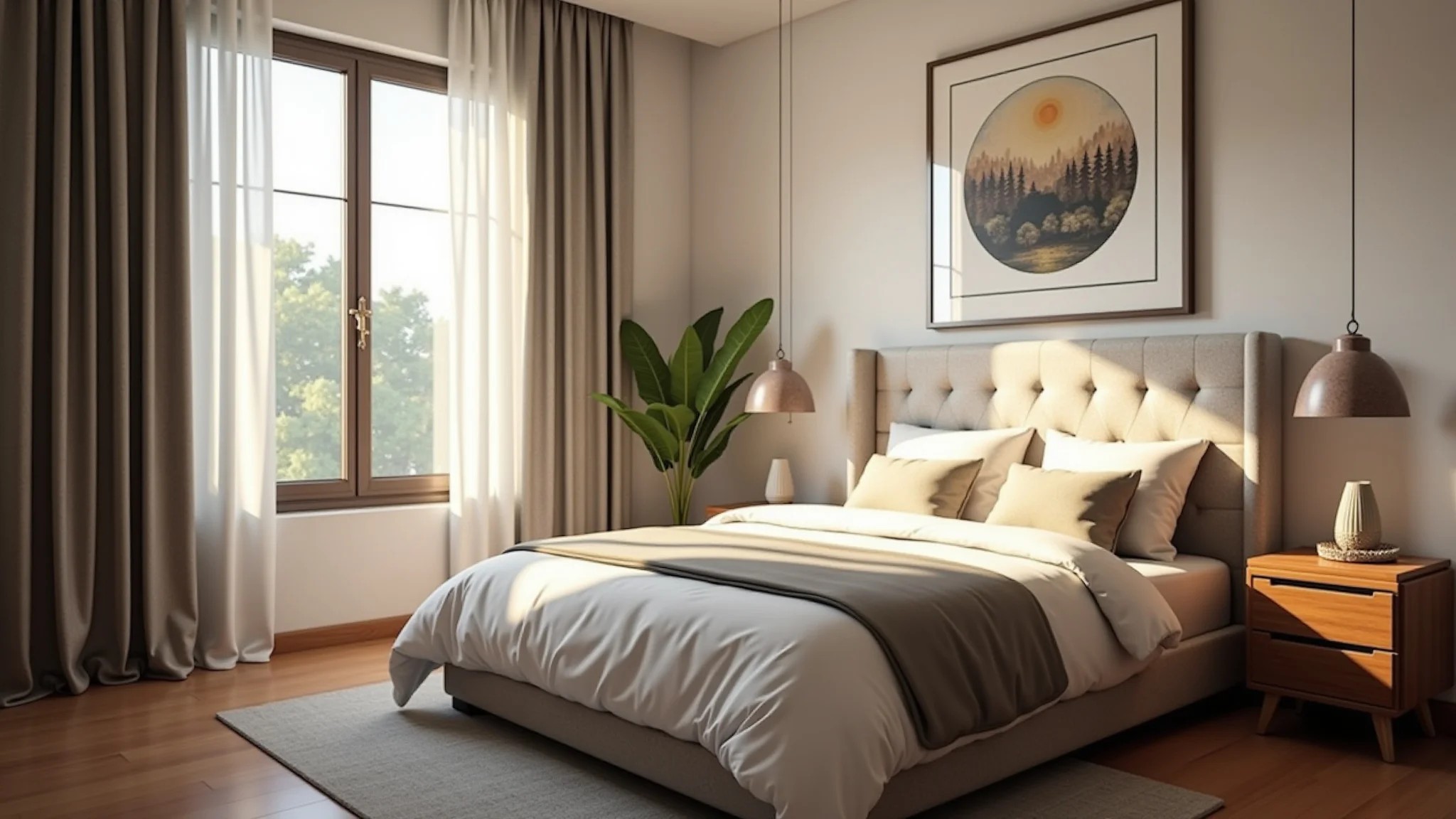 Quarto de solteiro aconchegante com cabeceira estofada, design brasileiro e iluminação natural.