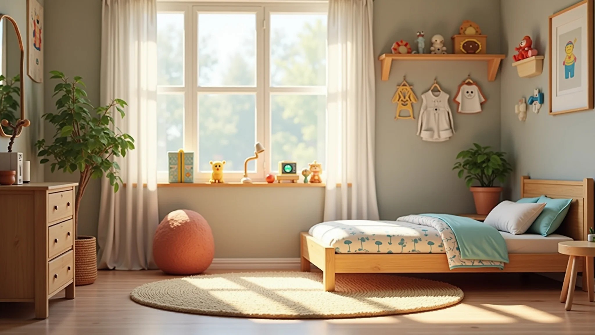 Quarto montessoriano com cama baixa, brinquedos acessíveis e decoração colorida.