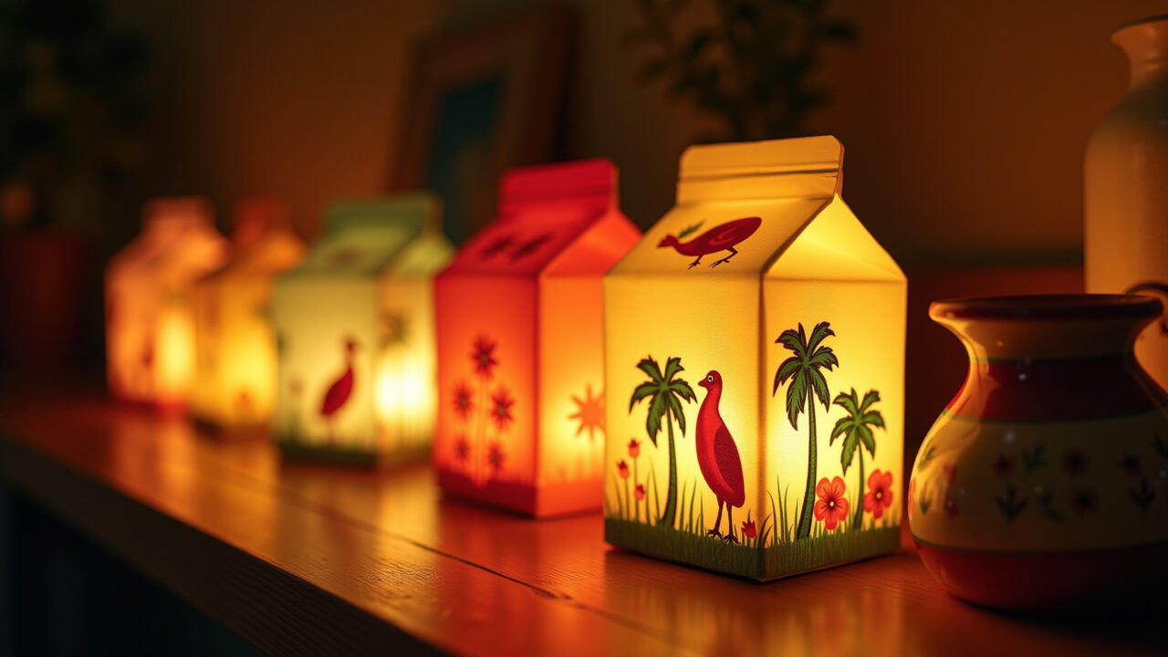 Luminárias charmosas feitas de caixas de leite decoradas.