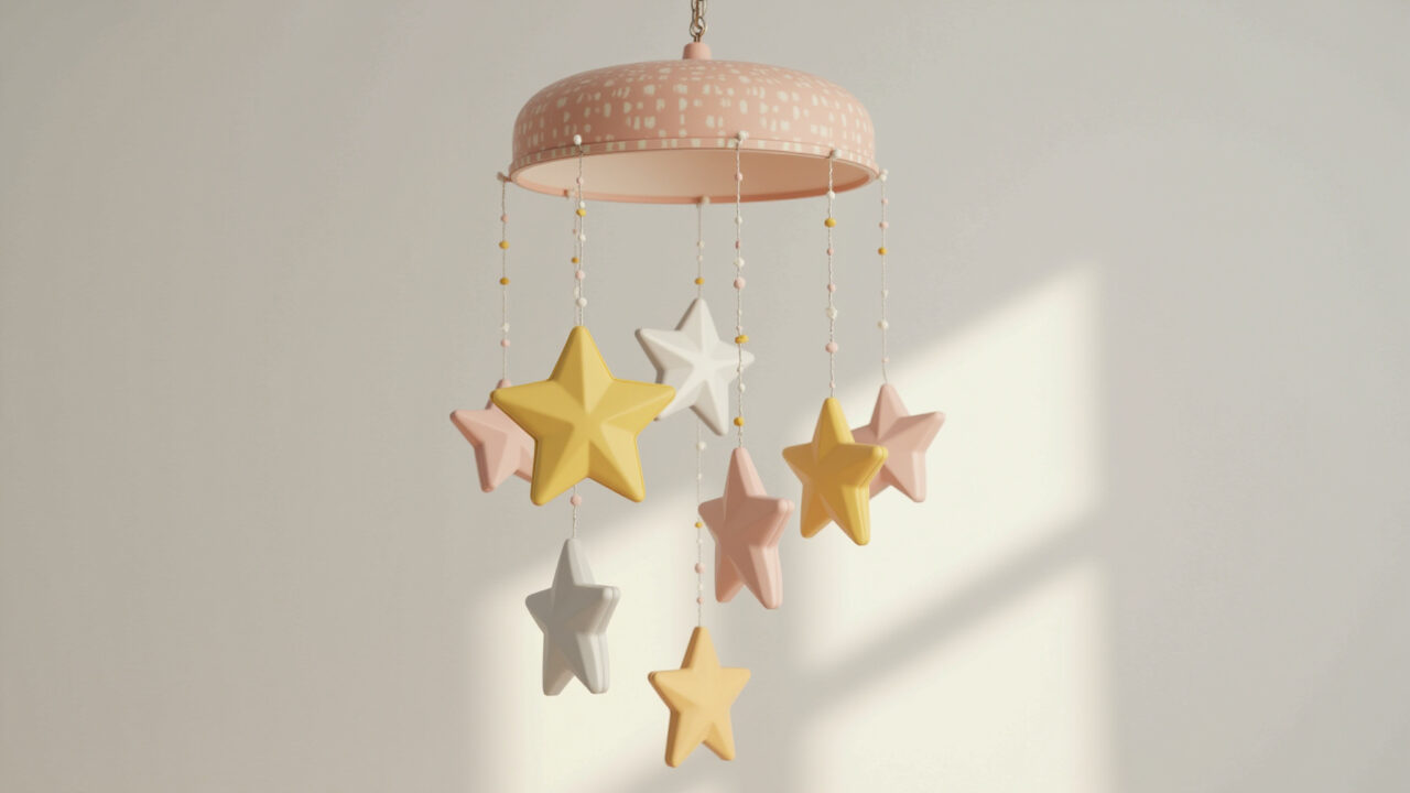 Móbile encantador feito de caixas de leite para quarto de bebê.